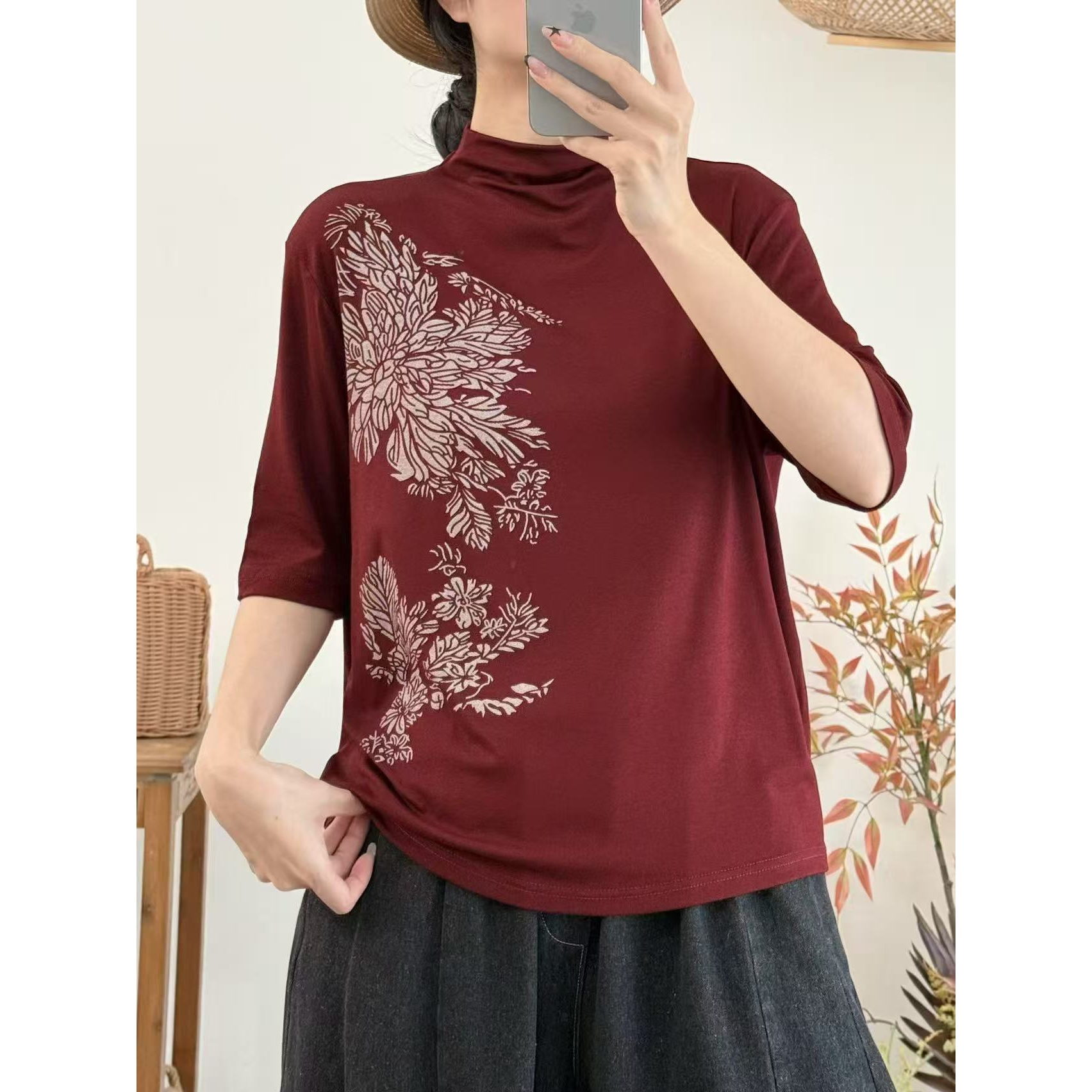 修身型印花宽松型常规款中袖T恤圆领女士复古欧美风S551