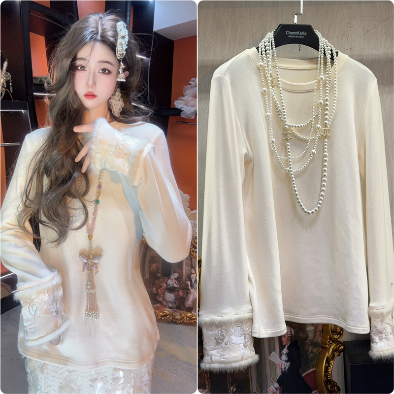 【浮岚梧心】64082新款水貂毛袖口刺绣钉珠打底衫大码胖MM【杏】