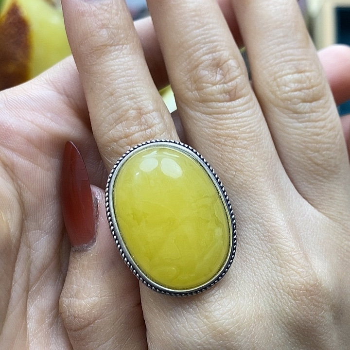 琥珀戒指银S925镶嵌戒指