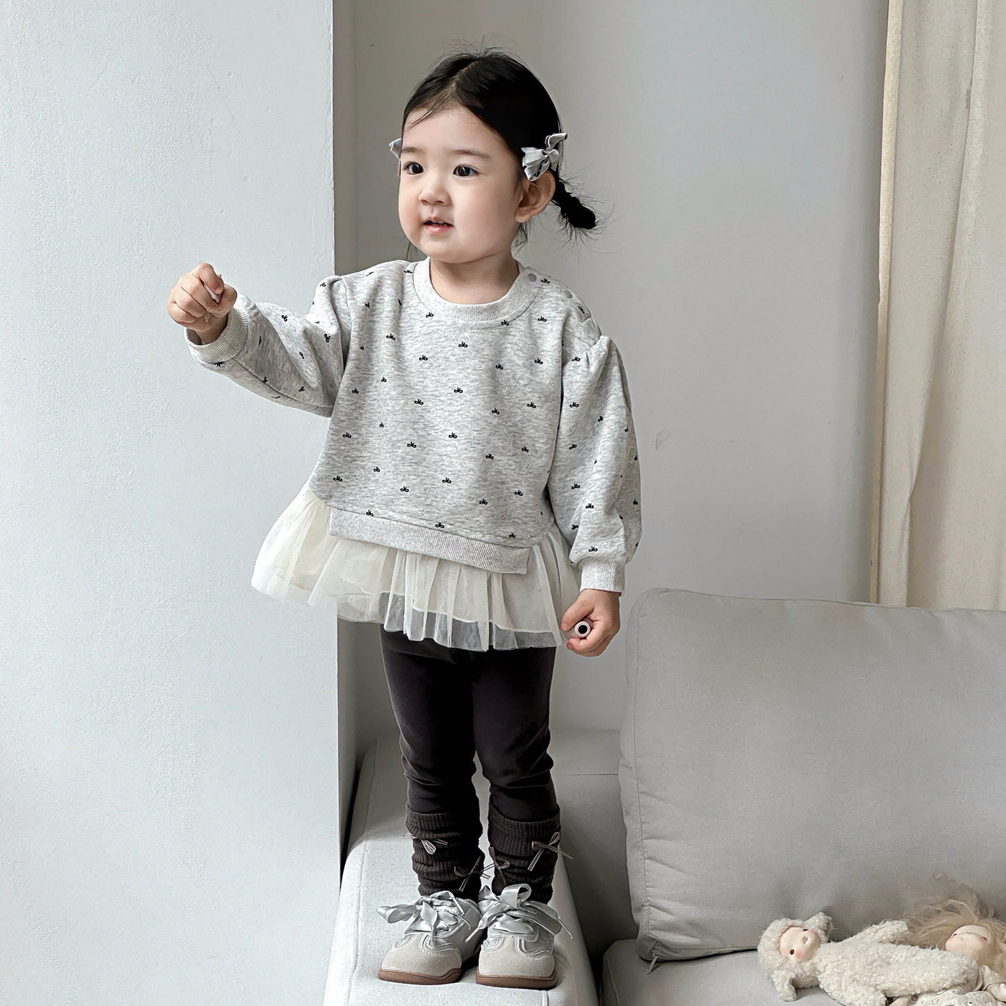 兮H3690秋季新款婴幼儿满印蝴蝶结卫衣套装女宝上衣打底裤两件套