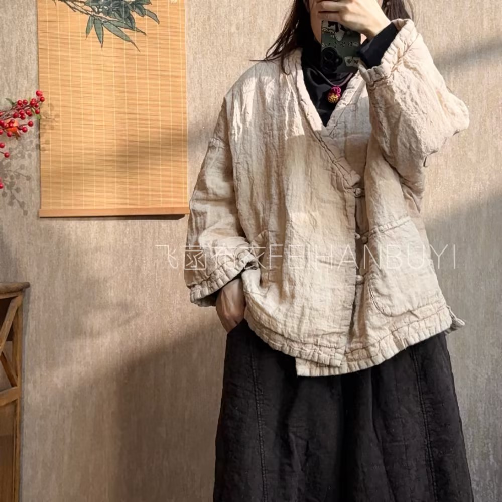 662复古砂洗炒色斜襟盘扣亚麻棉衣（长70胸围140）