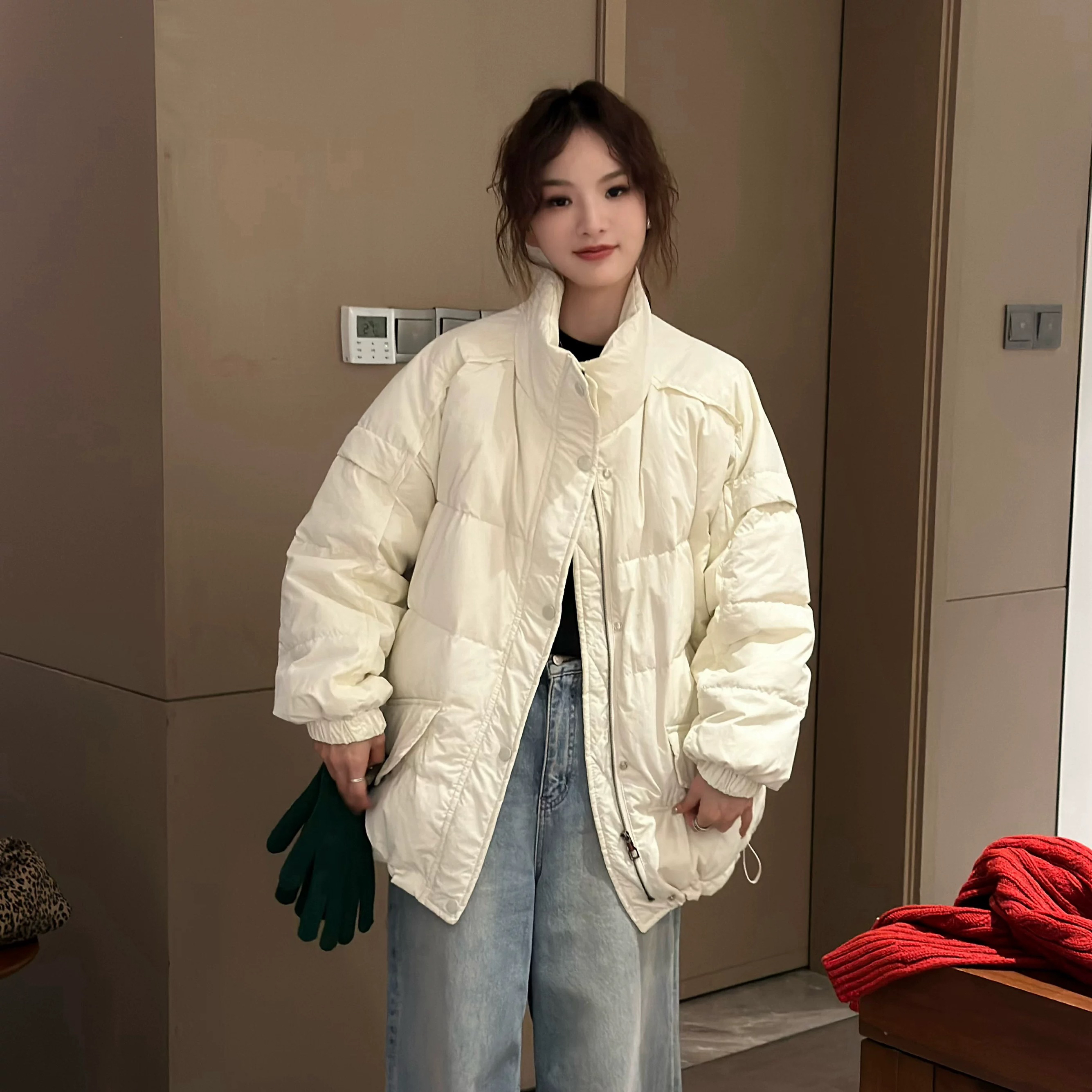 立领拼接大口袋冬新宽松设计袖子羽羽外套女面包服