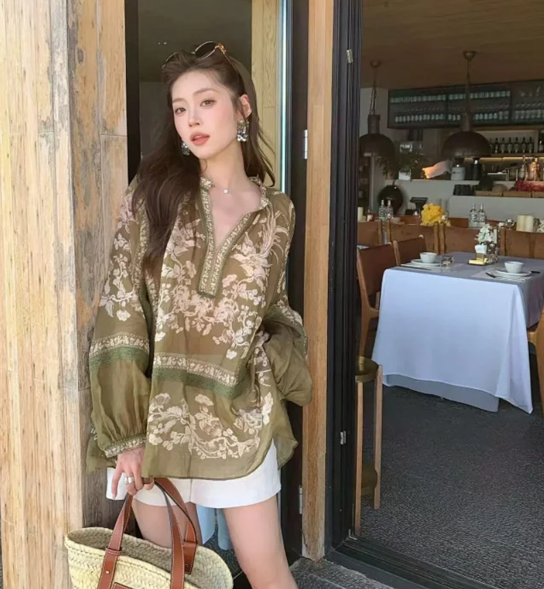 【GFHG专属】重磅重工度假风印花拼接蕾丝衬衫CS2630