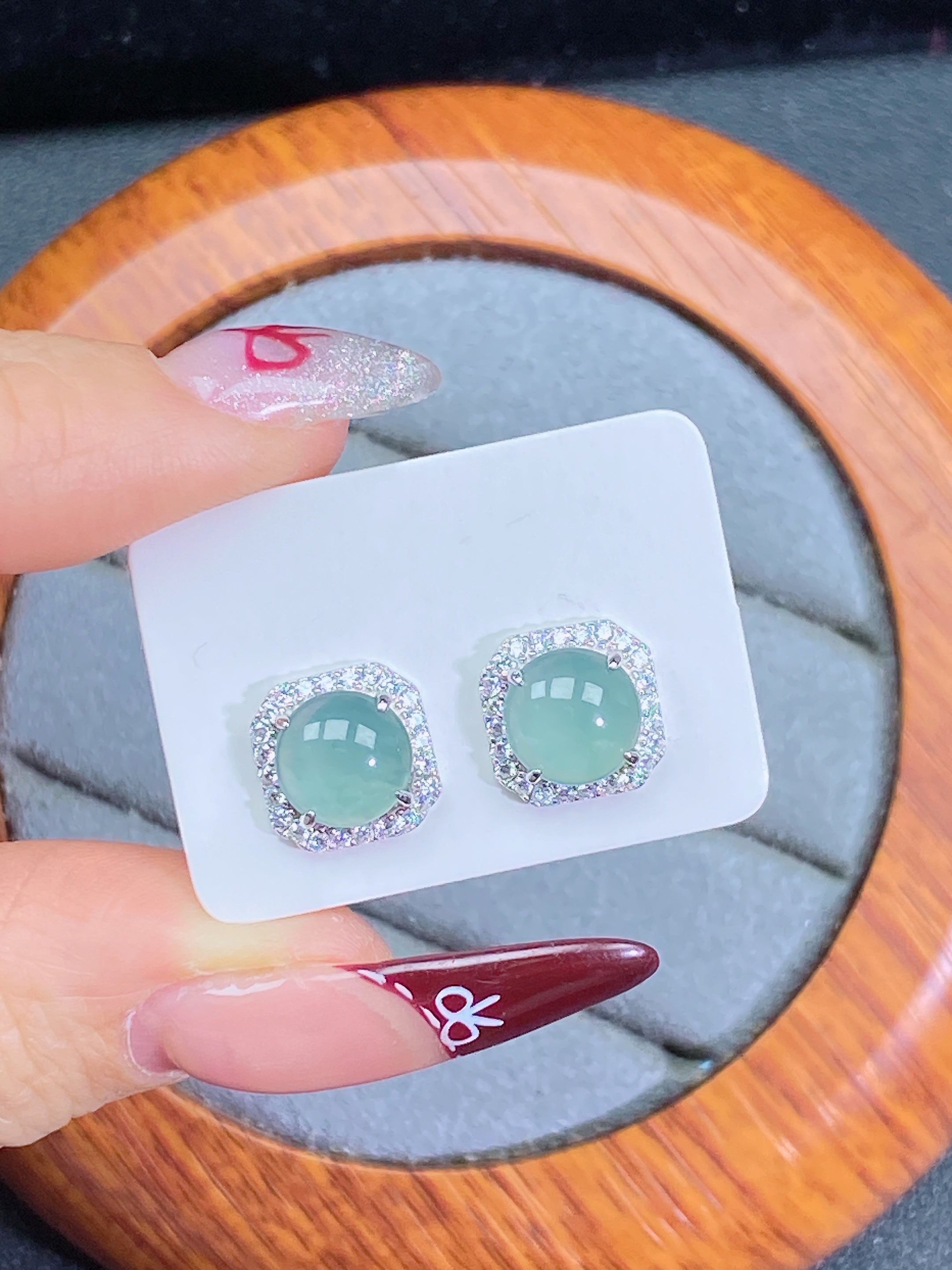 天然翡翠A货蓝冰方糖大蛋面设计款耳钉通体S925银镶嵌7.8