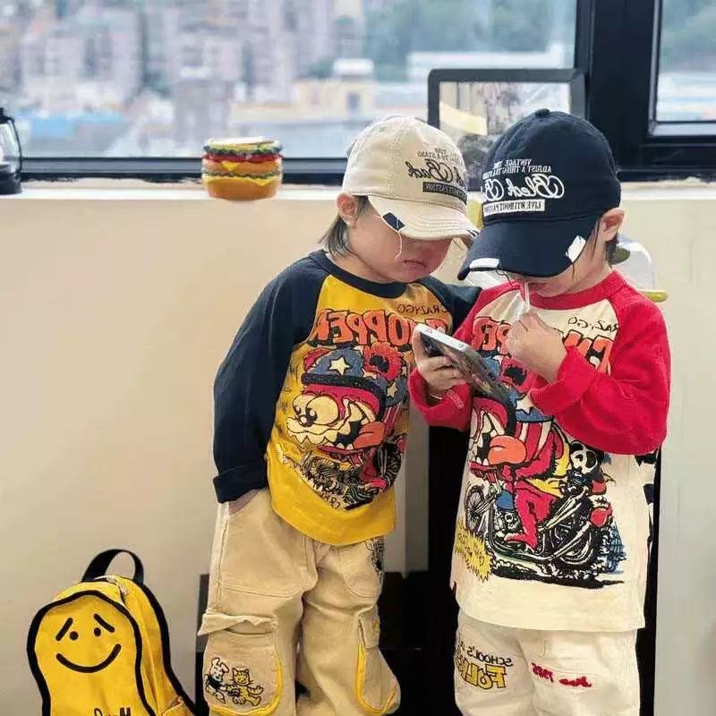 儿童长袖t恤打底衫春秋新款卡通童装男女宝宝春季薄款插肩袖上衣