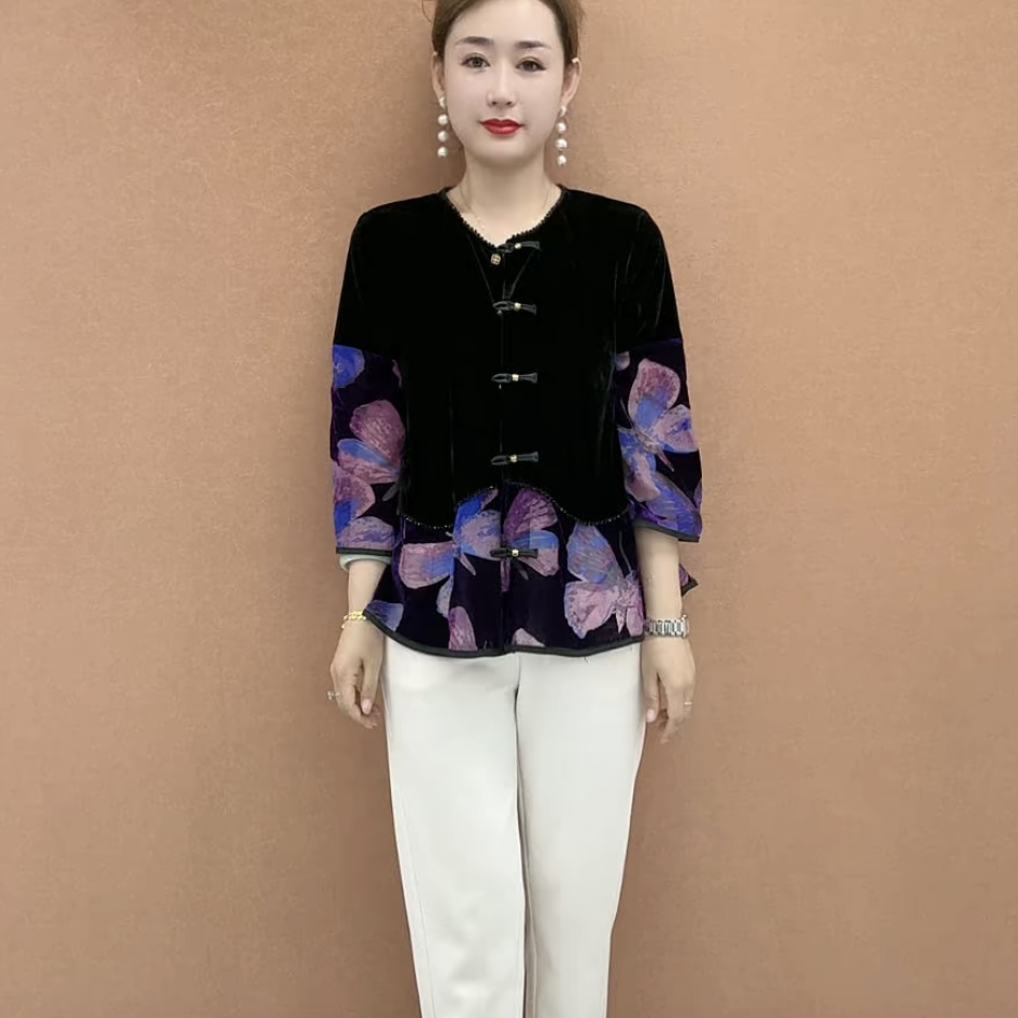 中国风中老年丝绒女装显瘦百搭长袖复古开衫