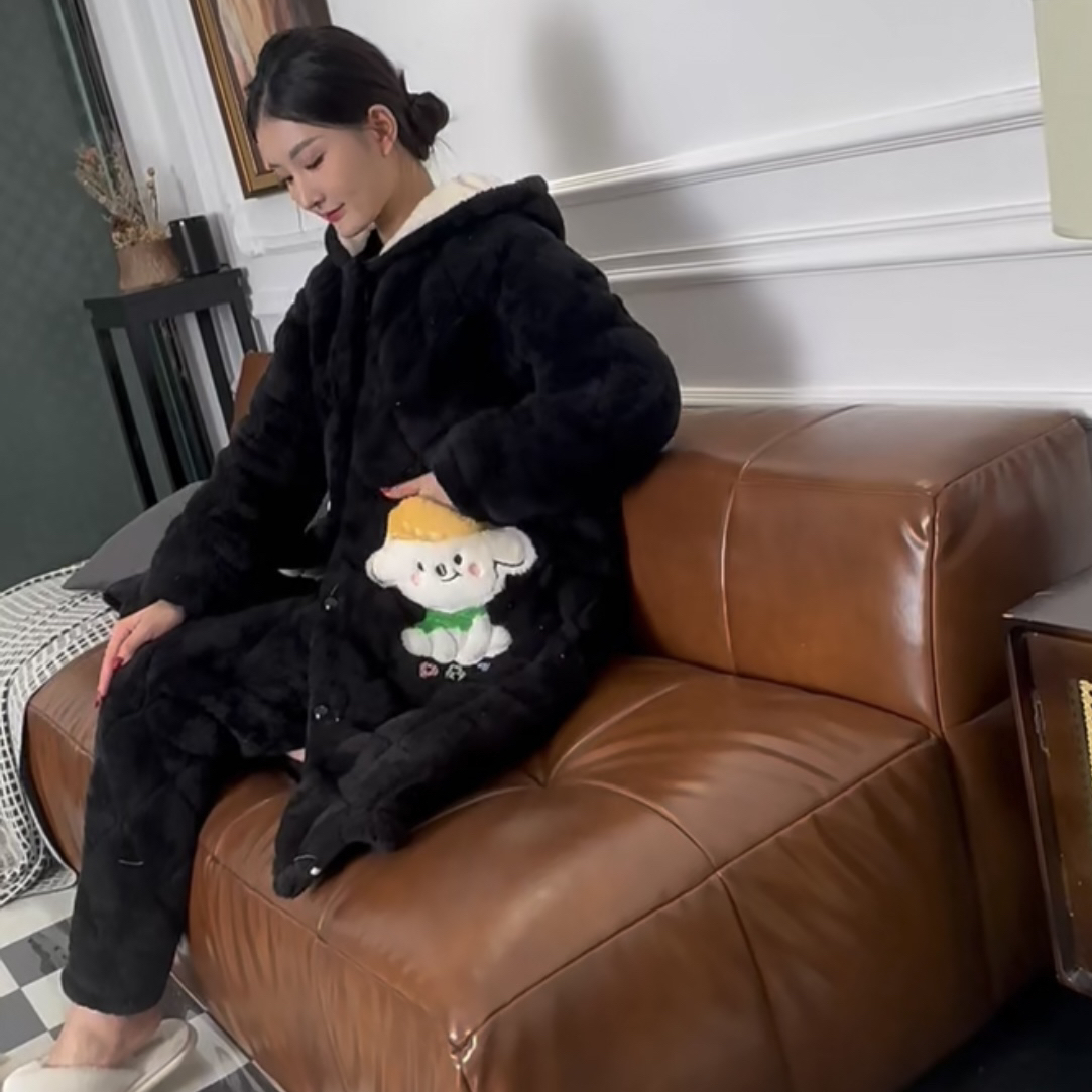 新款连帽长袍三层加棉加厚保暖家居服外出款2067-1