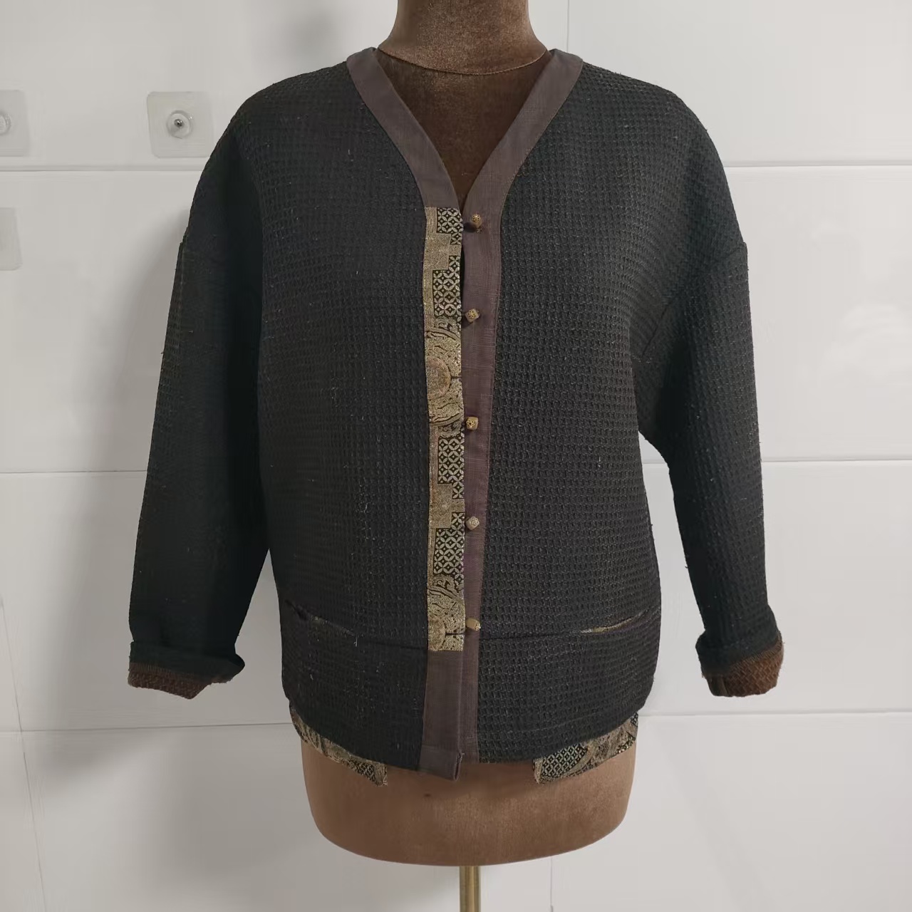 香云纱柞蚕丝拼接设计师款外套3829