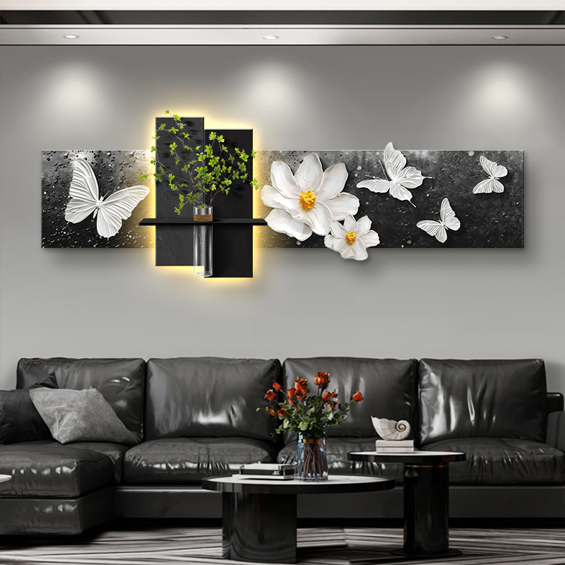 水培绿植客厅装饰画蝴蝶立体轻奢高级感沙发背景墙挂画黑白灰壁画