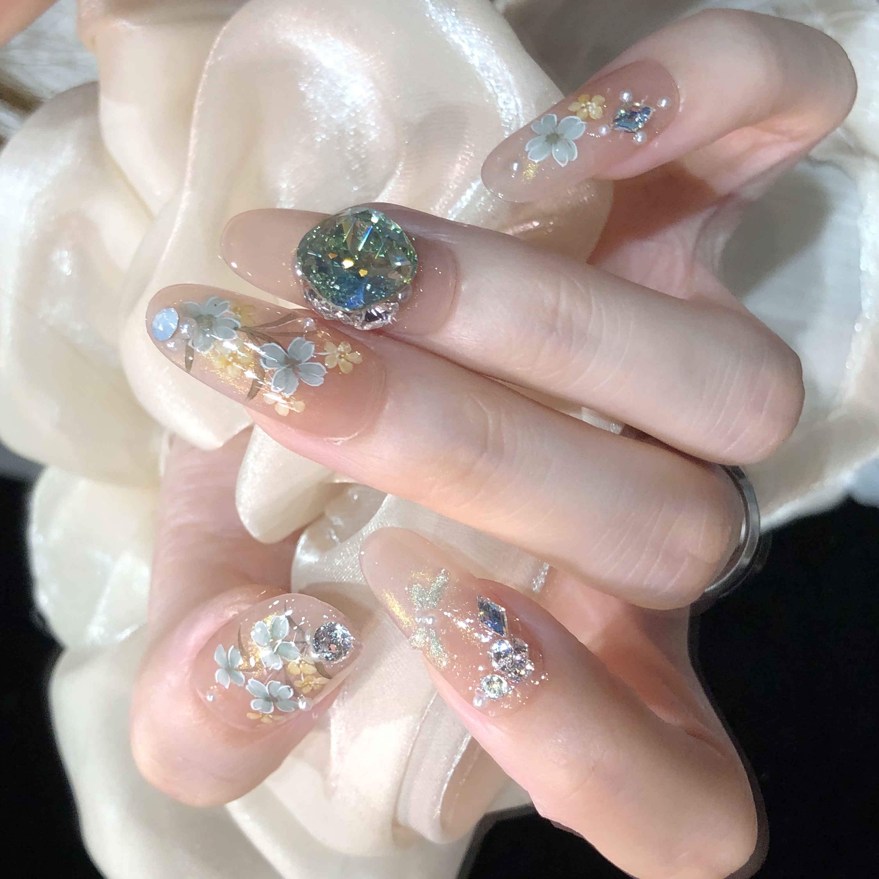 喵公子【苔间花绽】【水彩手绘施家华子钻】纯手工穿戴甲美甲短款