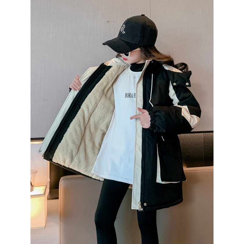 巴拉巴拉童年女童冬季加绒加厚派克服中大童女孩时髦棉衣收腰棉服