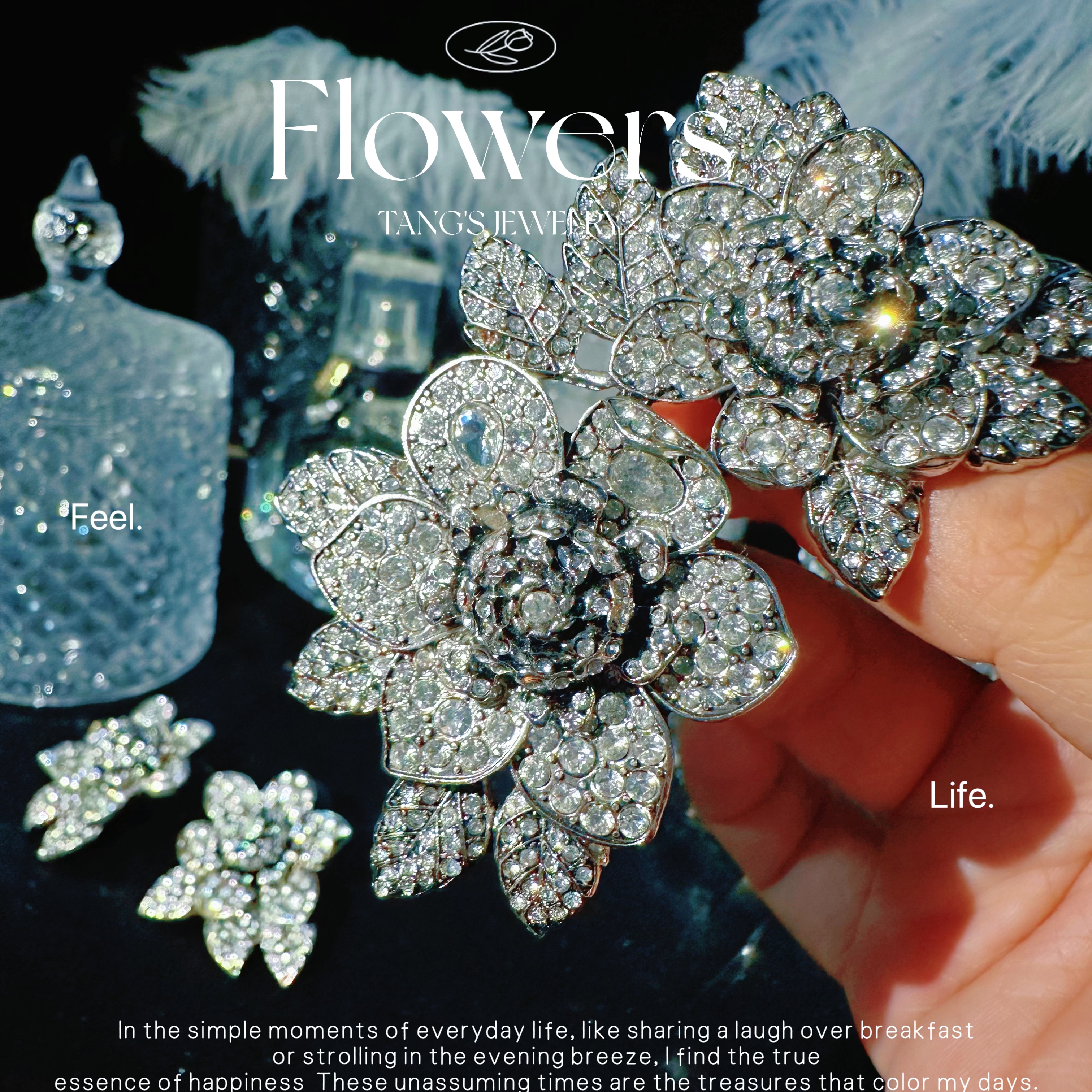 100周年限定款 白钻双头花 百搭重工精致银色花饰品