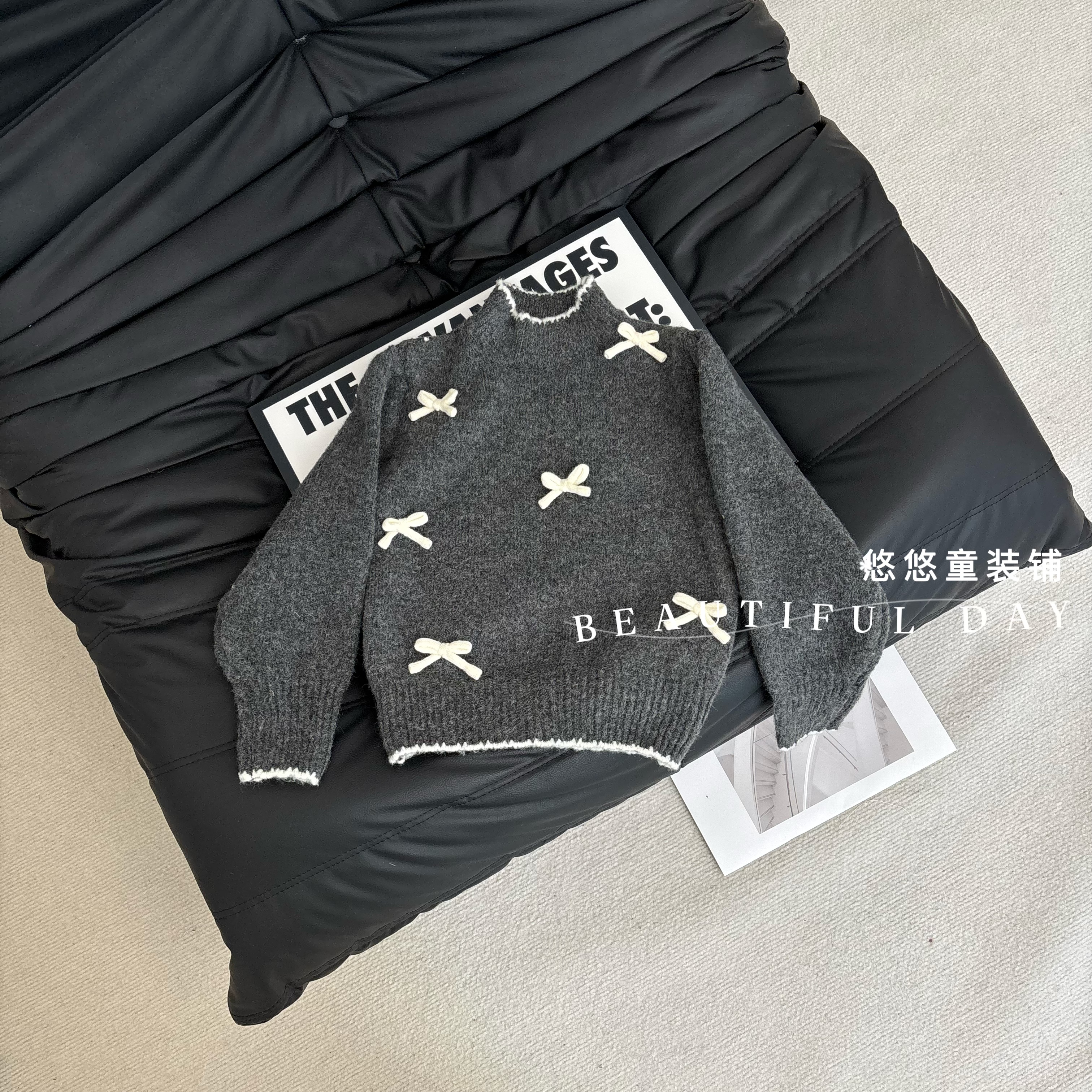  女童蝴蝶结毛衣韩系2025新款女宝宝时髦洋气加厚针织毛线上衣