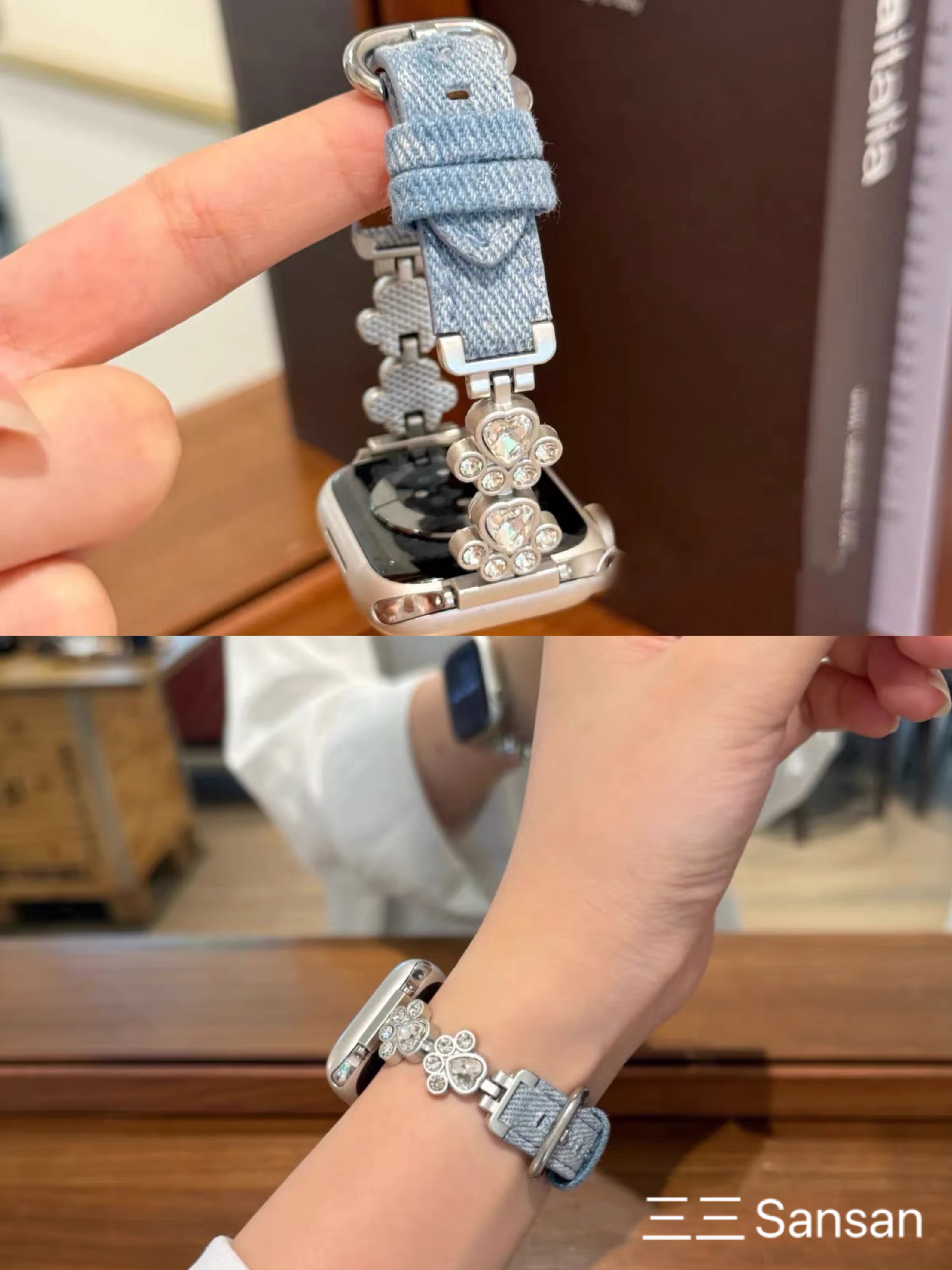猫爪钻真皮牛仔适用于苹果手表表带s11代GT6女款iwatch109876se