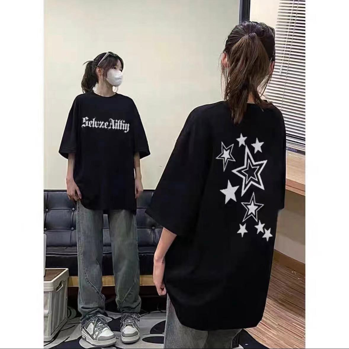 前后五角星100%纯棉简约印花T恤短袖夏季男女同版情侣款潮牌百搭