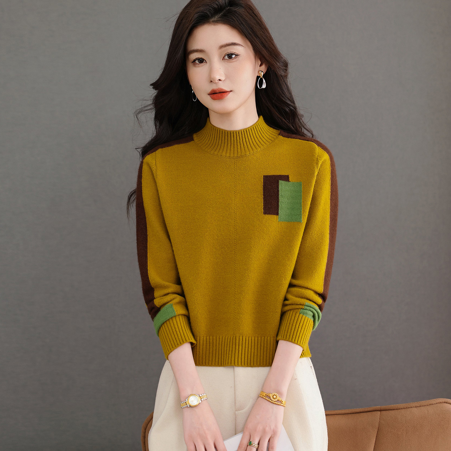 羊毛衫洋气撞色女士2025新款秋冬半高领宽松显瘦短款打底毛衣内搭