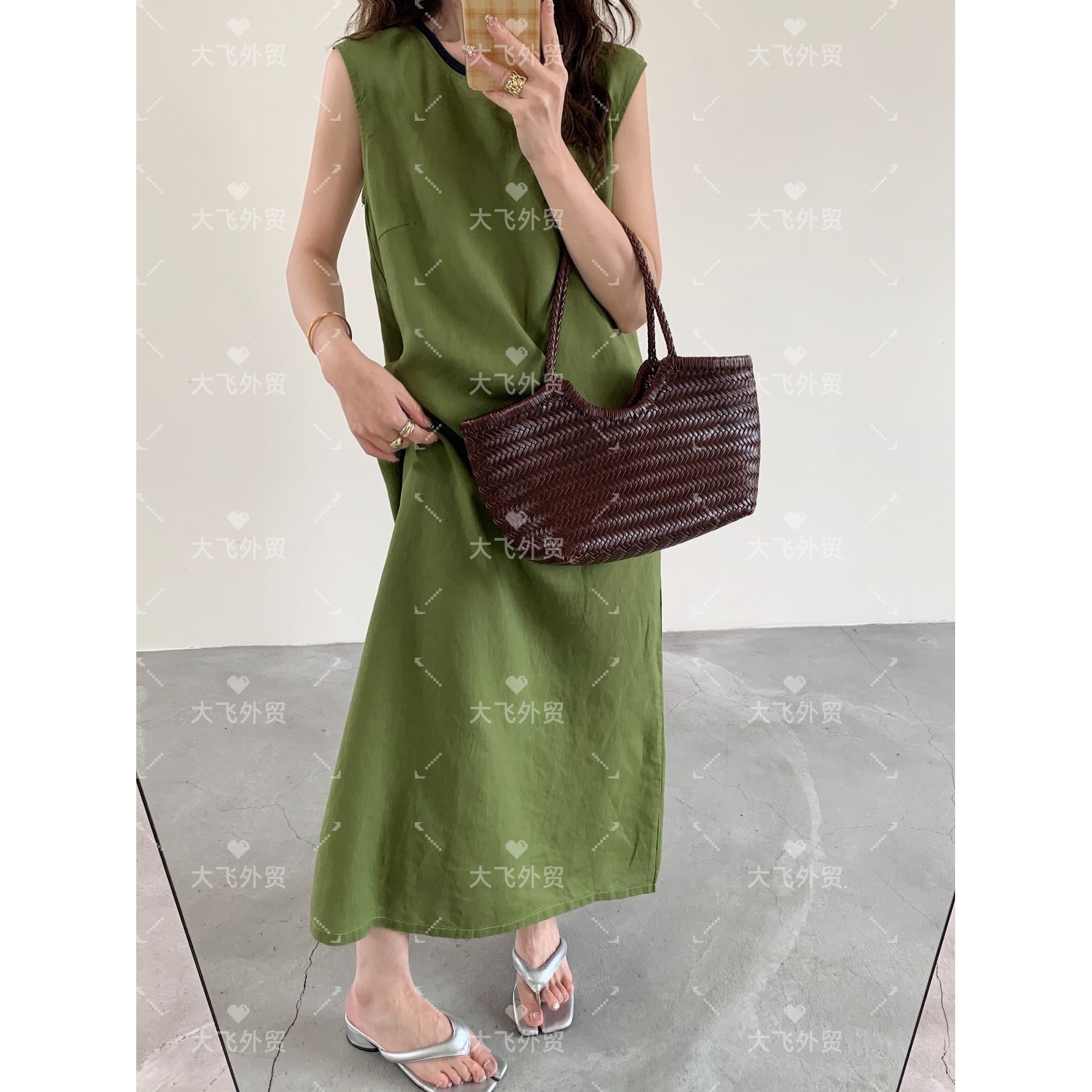 【天丝亚麻&撞色扣子连衣裙】夏季新款亚麻撞色扣子长款连衣裙DF322