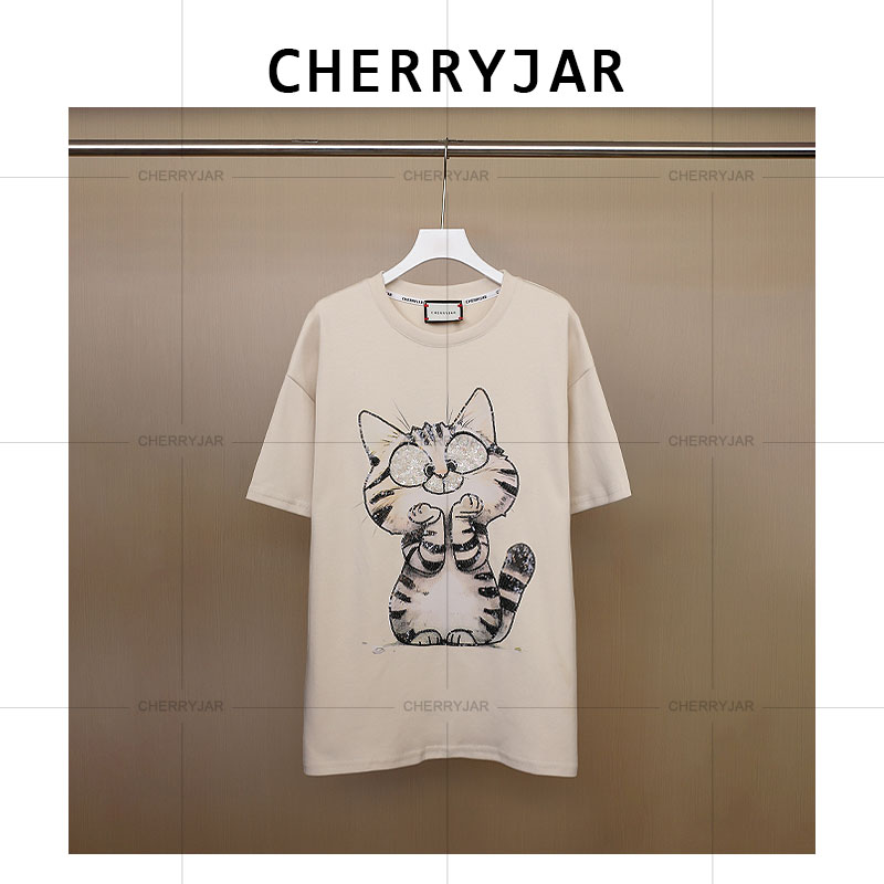 Cherryjar【251057】宽松可爱小猫印花点缀亮片圆领情侣休闲T恤