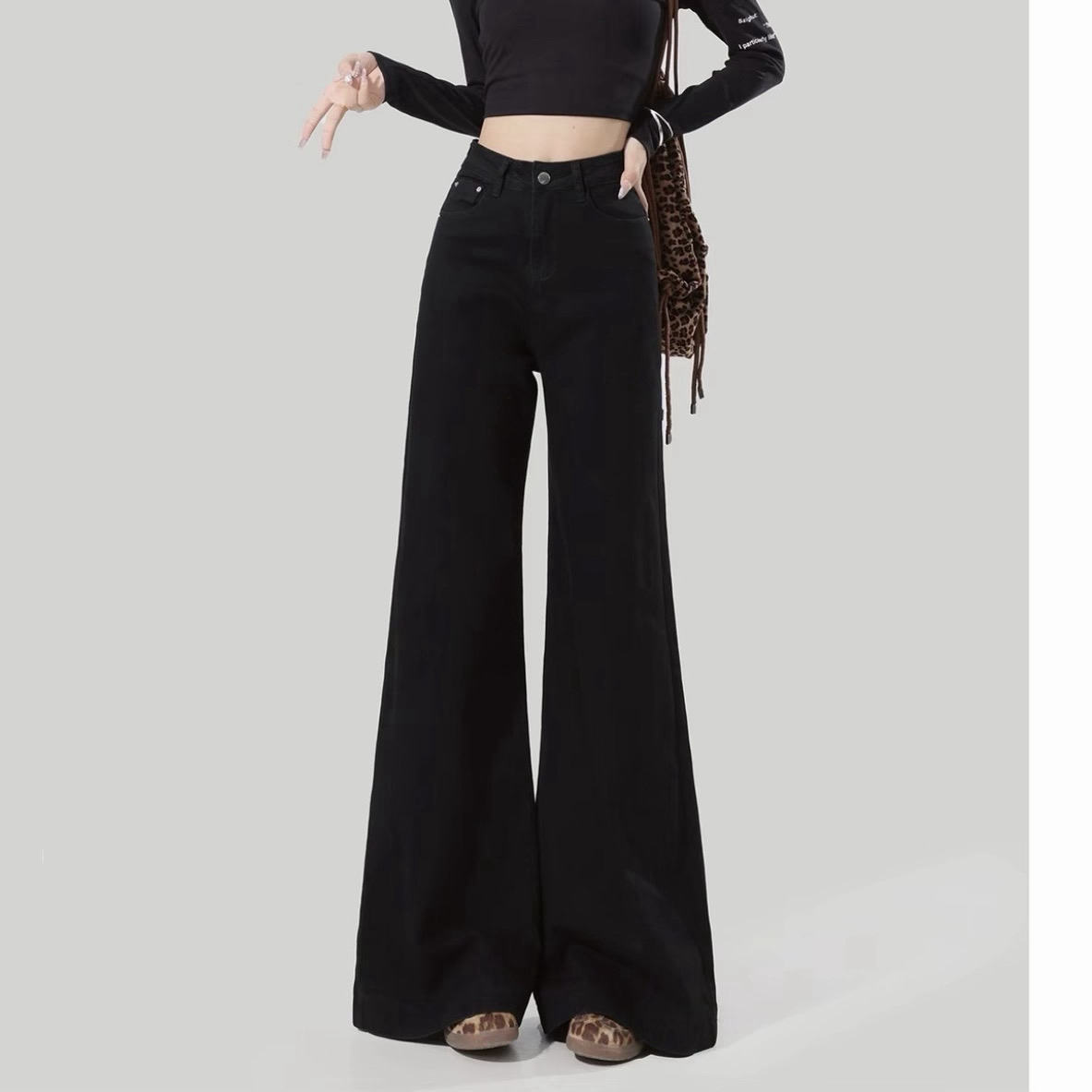 黑色系高弹阔腿高腰软牛仔显瘦气质2025秋季百搭时尚垂感
