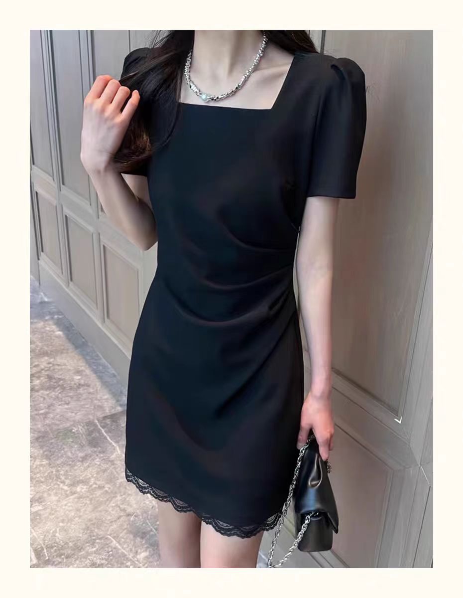 2025夏时尚洋气收腰显瘦连衣裙女高级感A字中长小黑裙-577