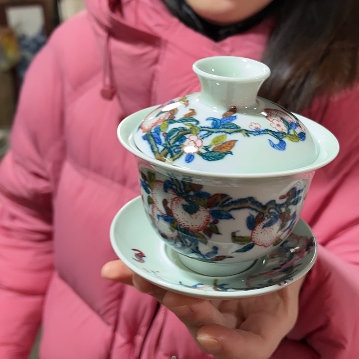 瓷片景德镇陶瓷盖碗。绿。