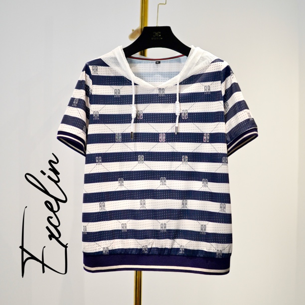 海军蓝白条纹冰丝速干帽衫】透气舒适短袖穿搭显瘦女士出行新款T恤