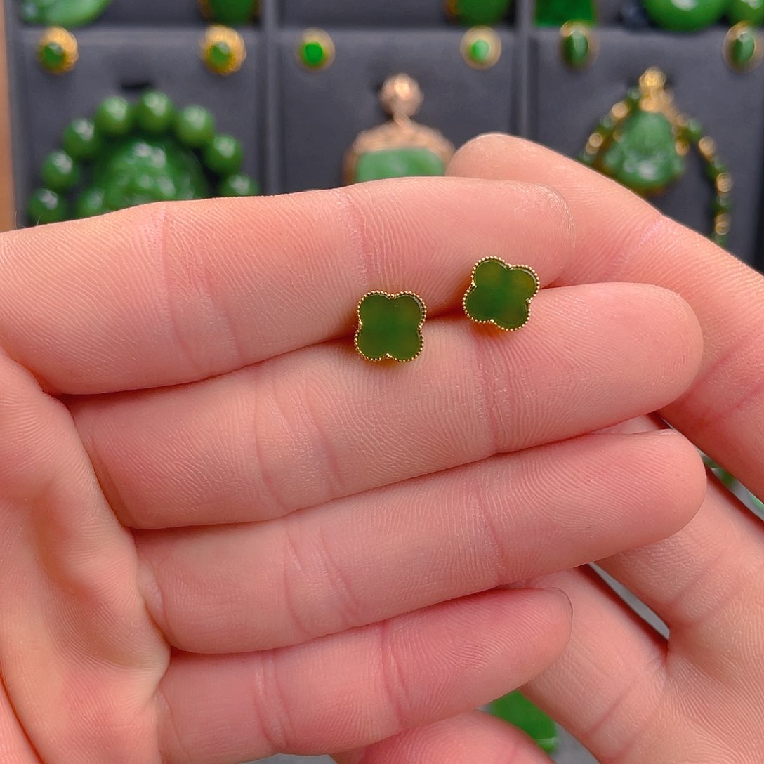 和田玉（碧玉）耳饰18K金镶嵌780