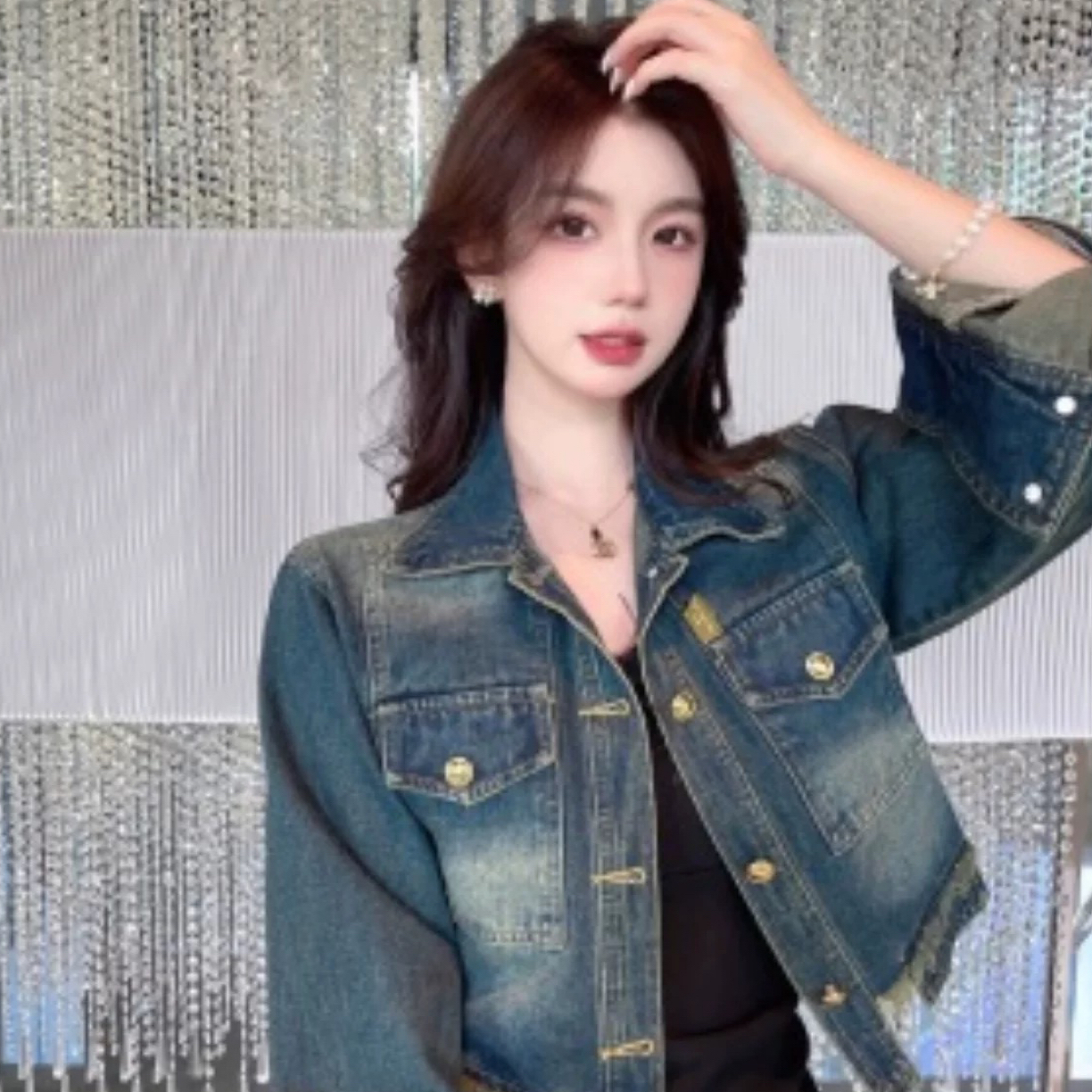做旧短款韩版重工百搭INS风长袖短外套显瘦女通勤风