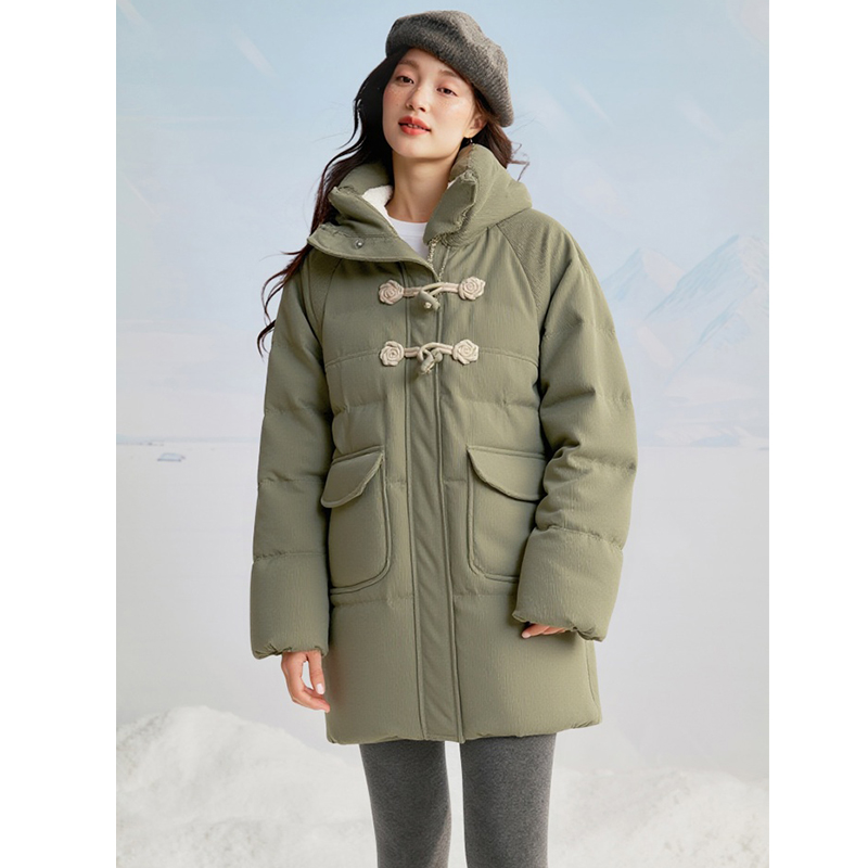 【流光风穿搭】茵曼25冬季90鸭绒翻领牛角扣羽绒服百搭保暖长款外套