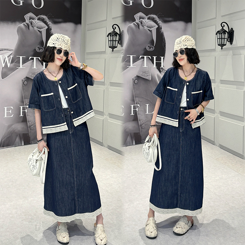 大码胖mm240斤夏季新款拼接牛仔外套半身裙两件套2025夏季新款