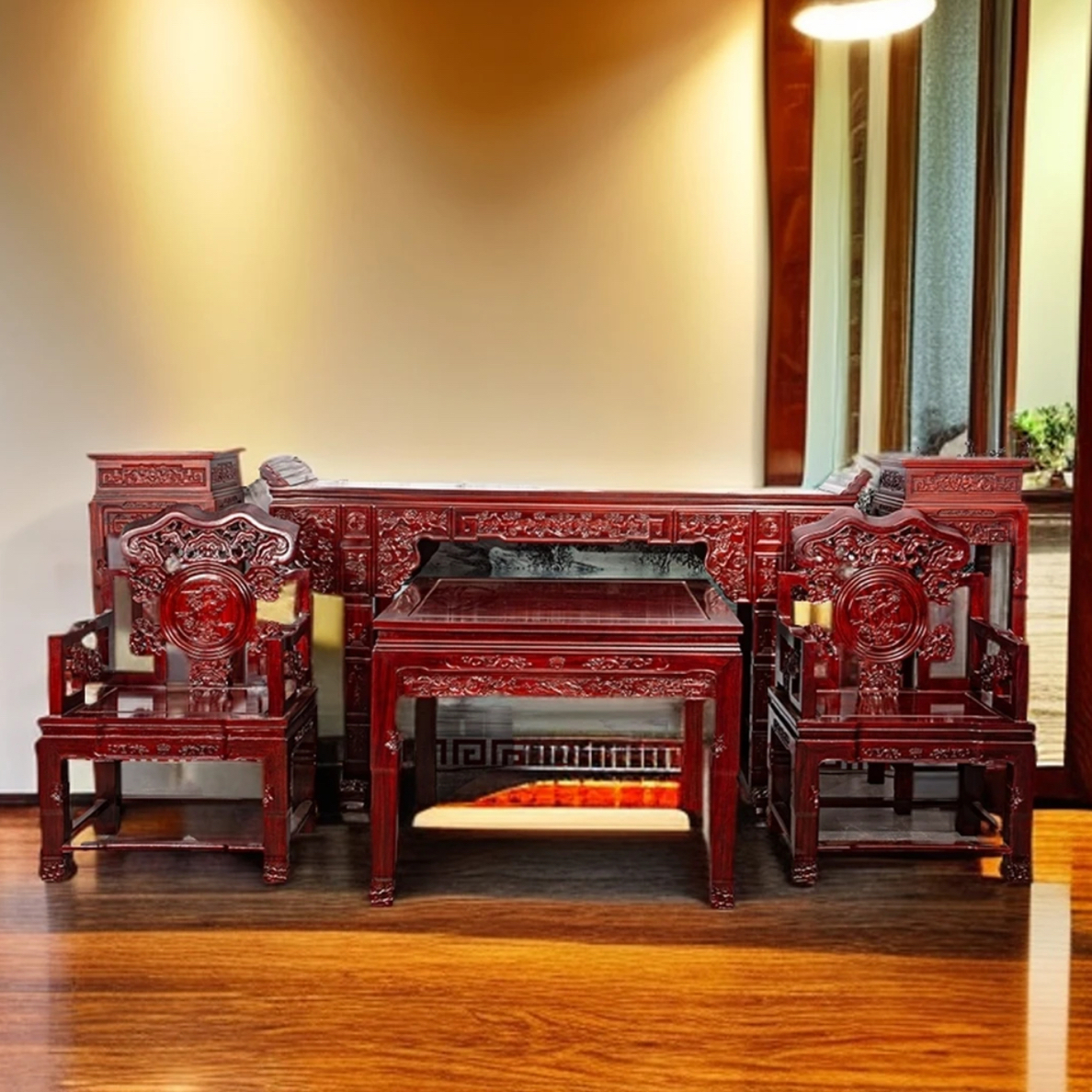 南美酸枝新古典满雕条案翘头案八仙桌灵芝中堂