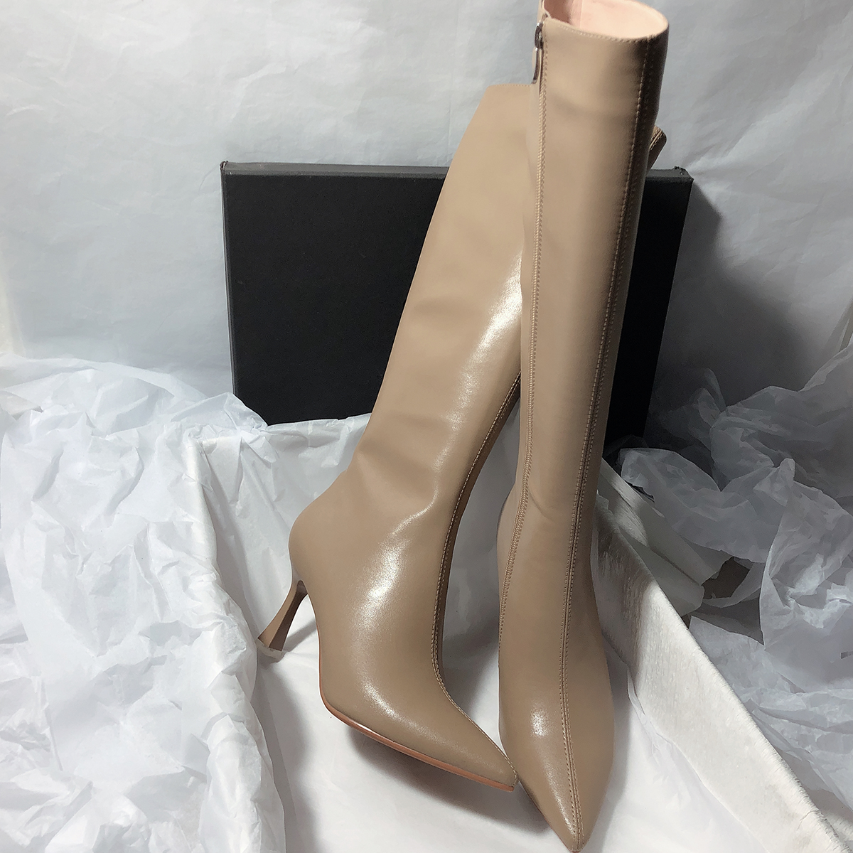 森屿海巷 韩风气质 细高跟真皮尖头温柔优雅纯色简约不过膝长靴女