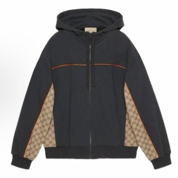 未使用 GUCCI/古驰 拼接Logo提花拉链连帽长袖夹克外套深灰色秋冬