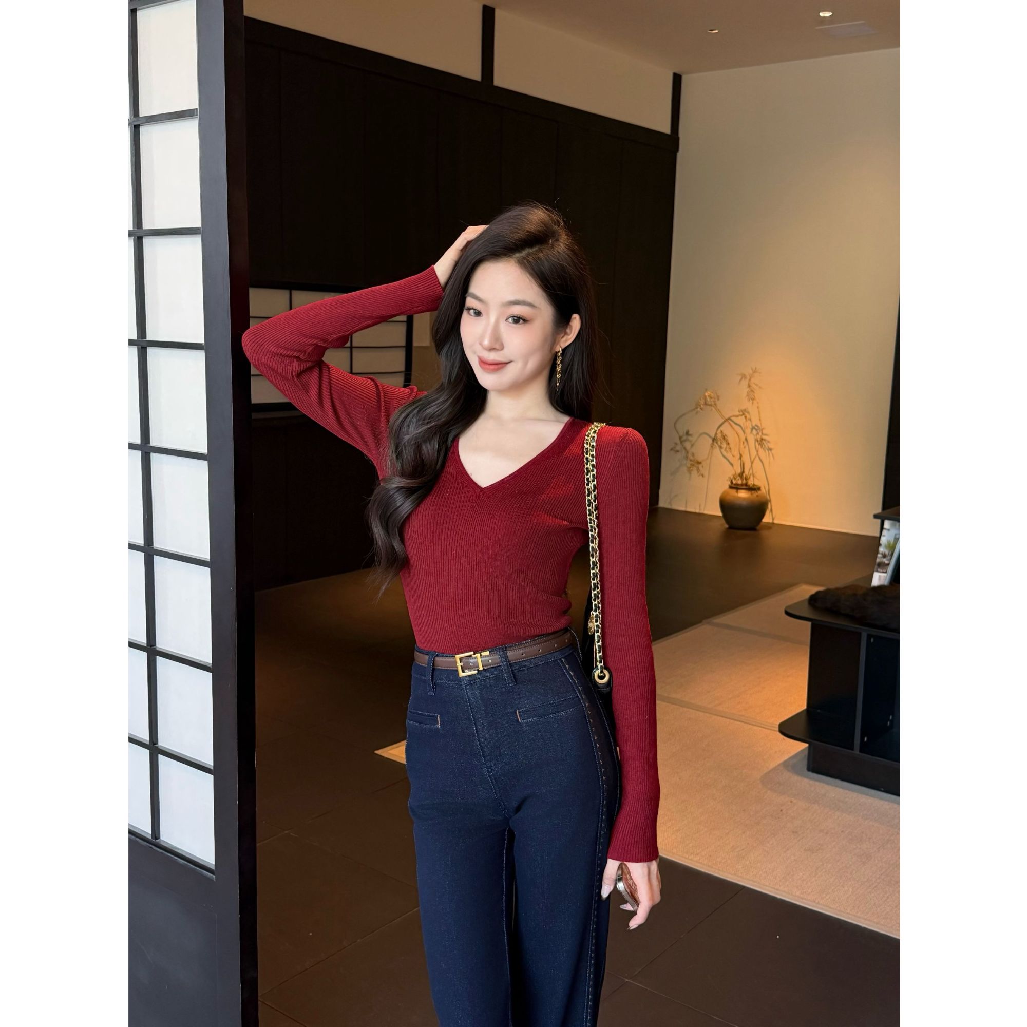 MEINA【燕麦拿铁】秋冬2025新款V领修身显瘦美利奴羊毛简约打底毛衣