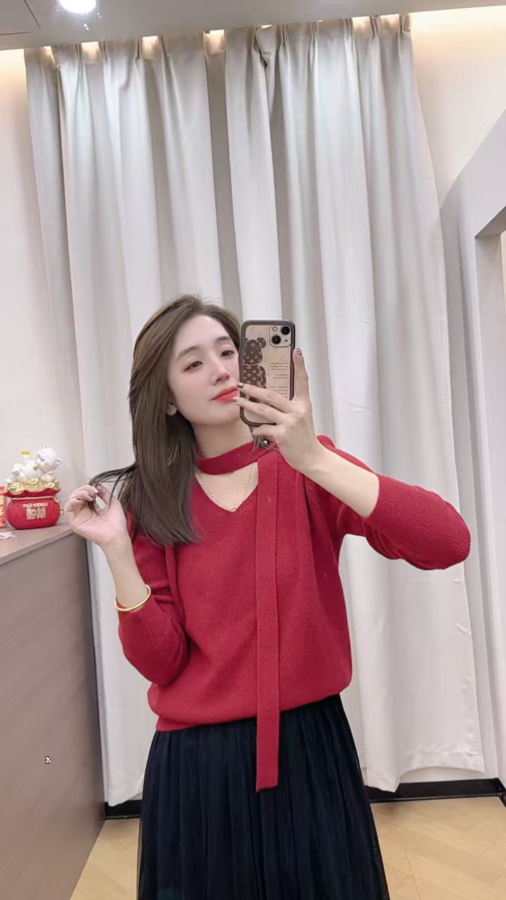 小薇家【韩国绒】8821冬季新款气质飘带韩国绒毛衣