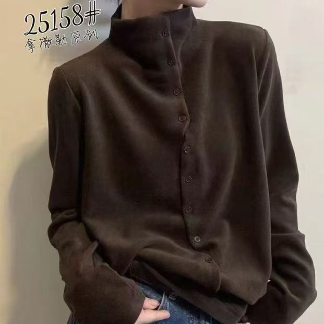 NFM女驸马新款时尚百搭扣子立领款德绒T恤25158