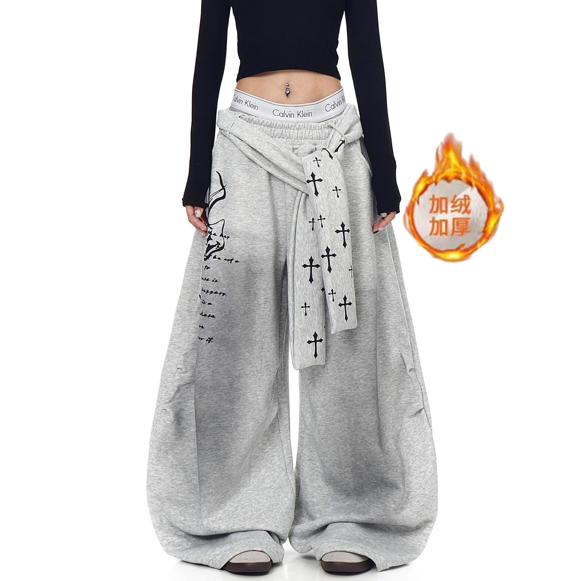 美式复古十字架腰带运动卫裤男女cleanfit加绒做旧阔腿情侣休闲裤