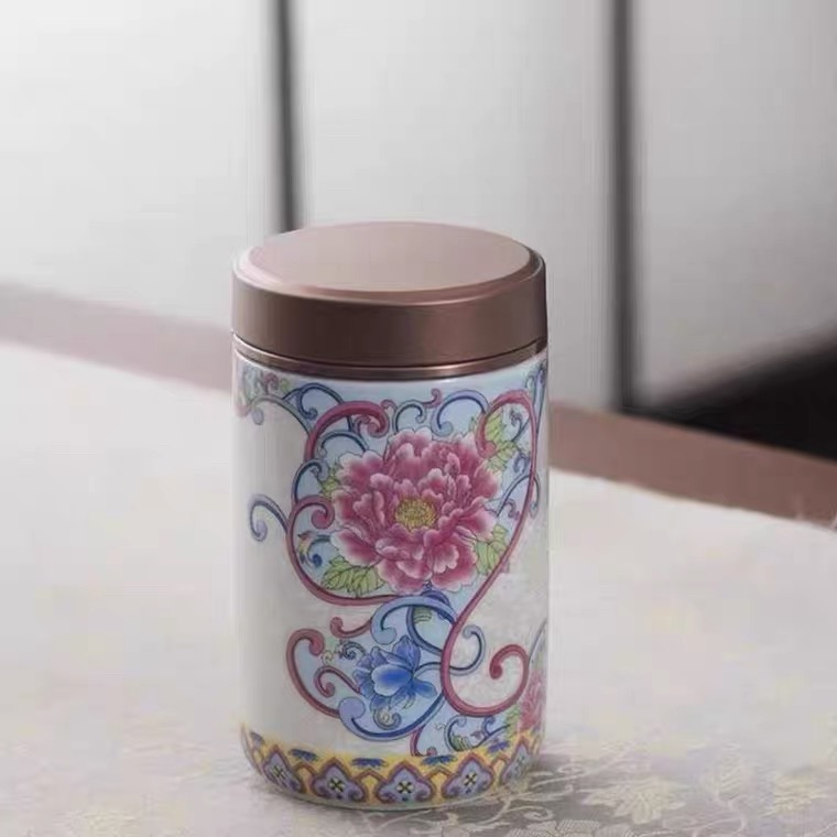 珐琅彩小茶叶罐便携茶盒锡合金盖迷你陶瓷密封罐旅行茶具E261