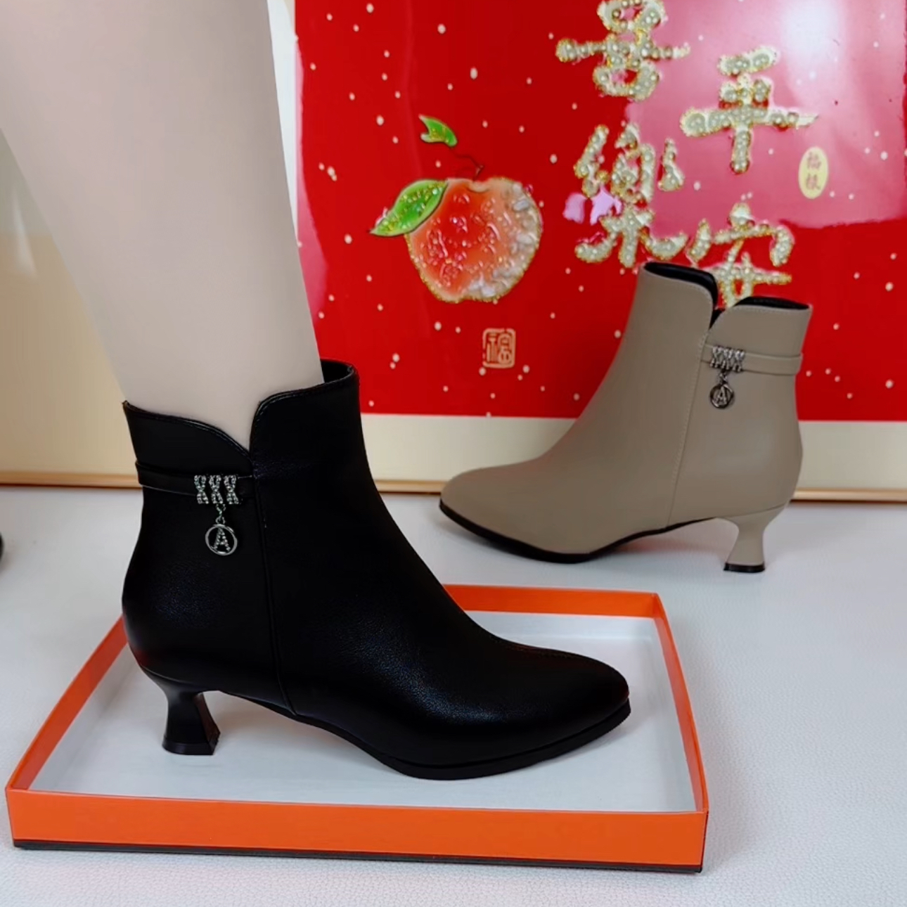 3公分秋冬季简约百搭韩版小短靴时尚舒适气质妈妈靴加绒高跟靴