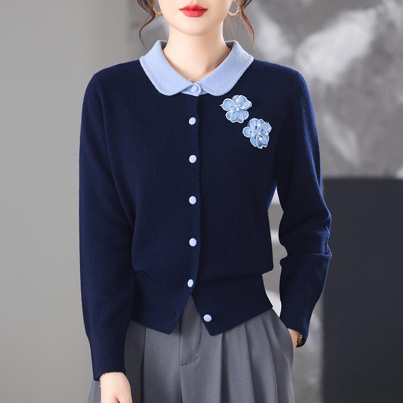 翻领花朵小香风显瘦毛衣针织衫开衫毛衣小众时尚女款减龄厚款上衣