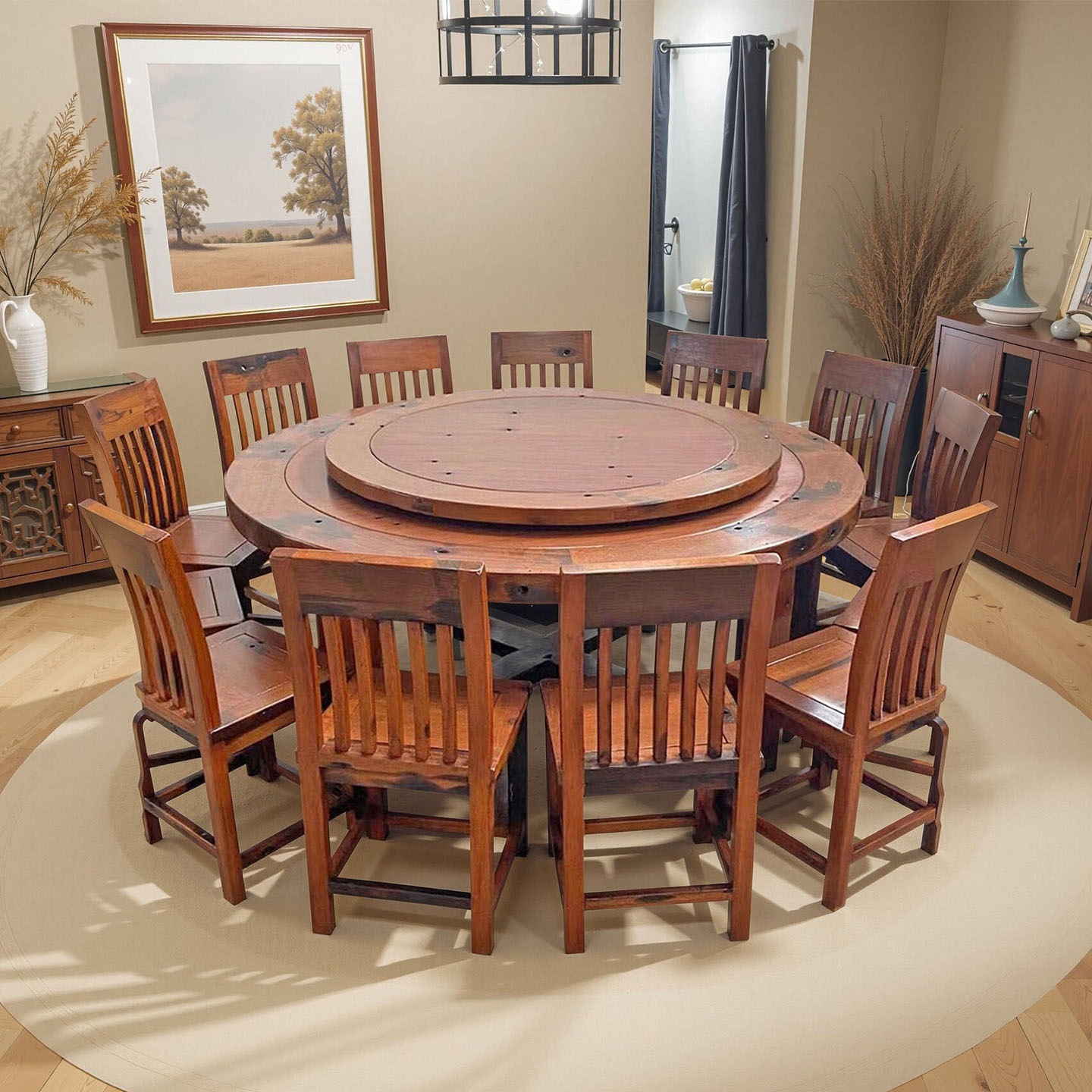 老船木圆桌实木饭桌新款转盘家用餐厅成套高端家用饭桌家具新中式