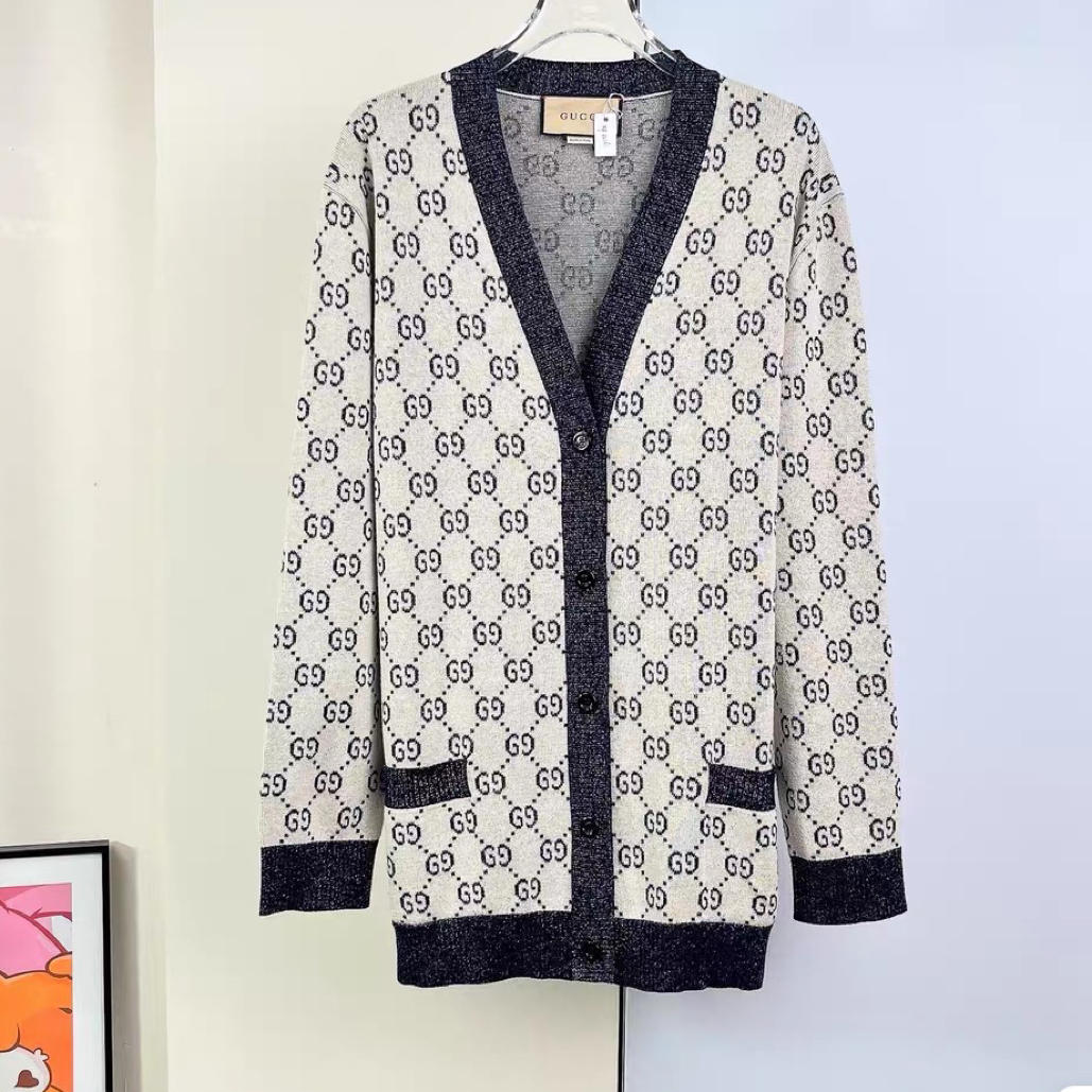 99新 GUCCI/古驰 银色满印双G针织开衫/XS码/E00597