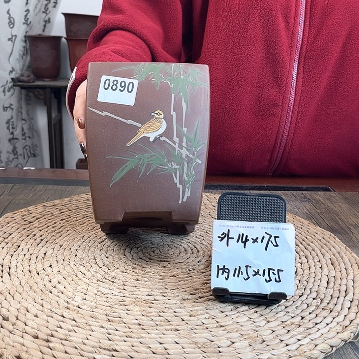 紫砂花盆特价福利紫泥竹林鸟趣手绘四方0890