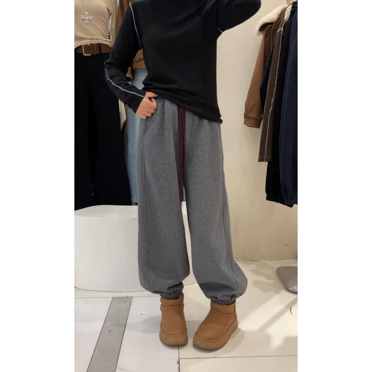 高腰束脚加绒加厚卫裤女九分2025冬季新款百搭收口运动休闲卫裤