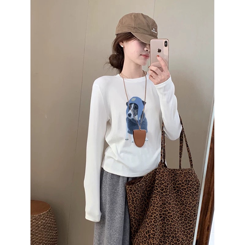 韩系冬款百搭时尚显瘦宽松减龄加厚加绒白色印花小萌狗圆领T恤