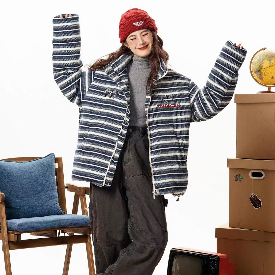 美式休闲宽松连帽加厚格子外套