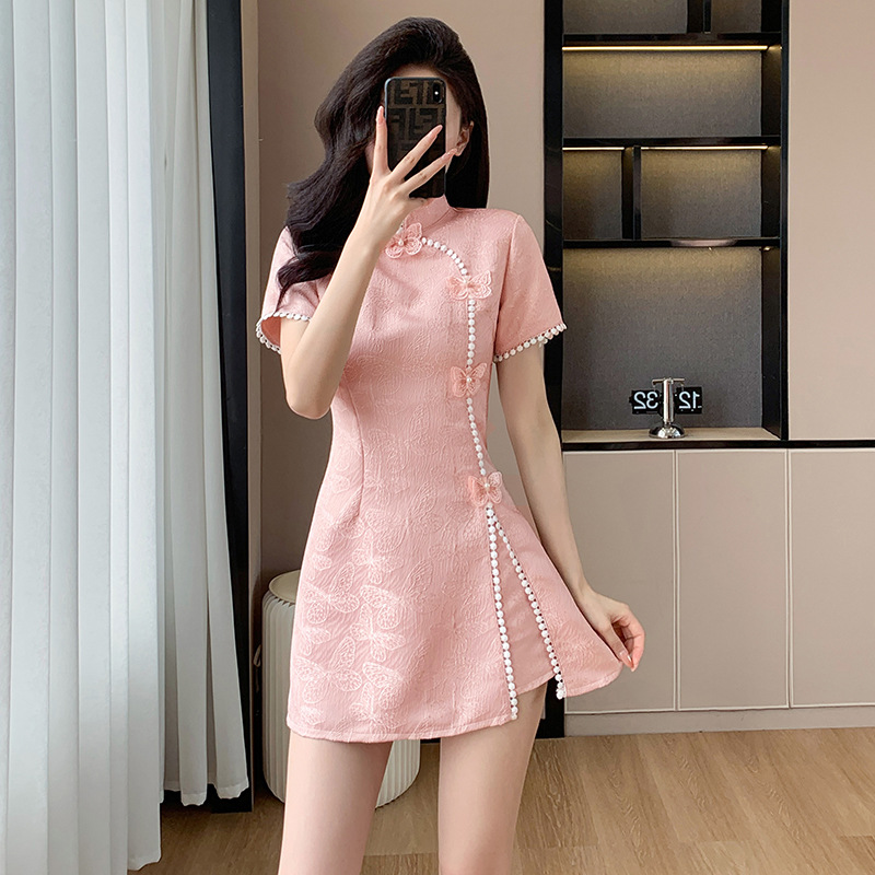 实拍春夏新中式提花拼接改良旗袍连衣裙短裤两件套