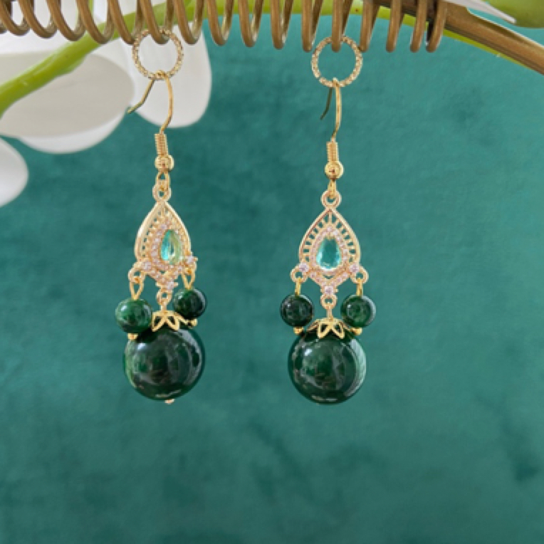 合金花岗石耳饰 深绿色14毫米3珠流苏耳饰