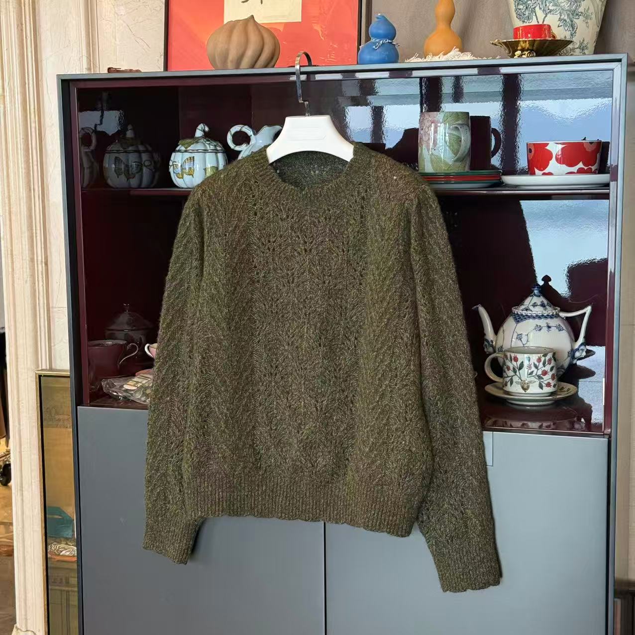 MYL 2025年秋冬新款羊绒针织套头衫镂空波浪边青咖色长袖针织衫