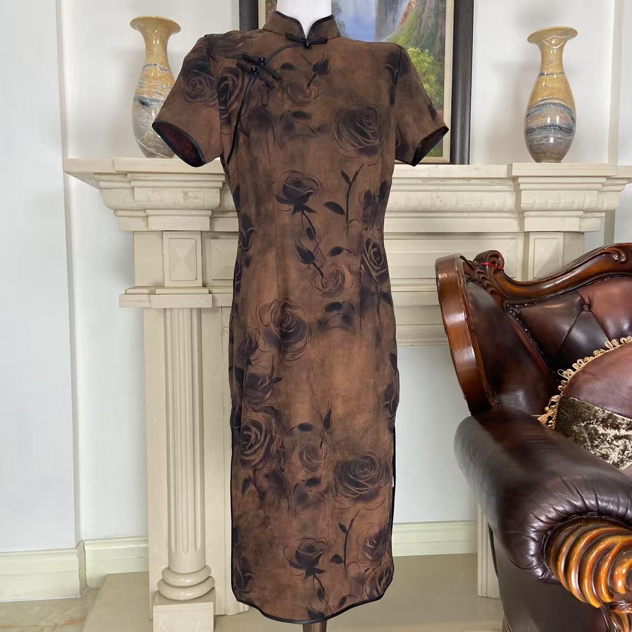 香云纱烟灰玫瑰旗袍气质古法女人必备高端复古238026-9-420195